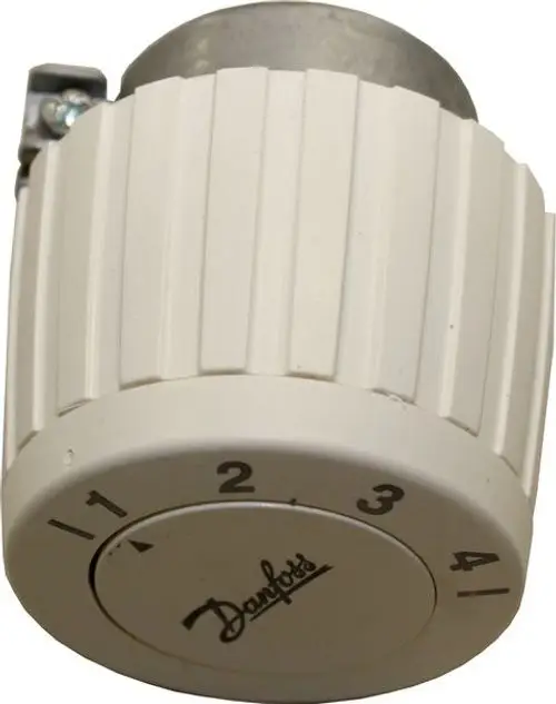 Weißes Thermostat mit gerilltem Design und Zahlenmarkierungen von Wolf. Das Gerät zeigt einen Drehknopf zur Temperatureinstellung.